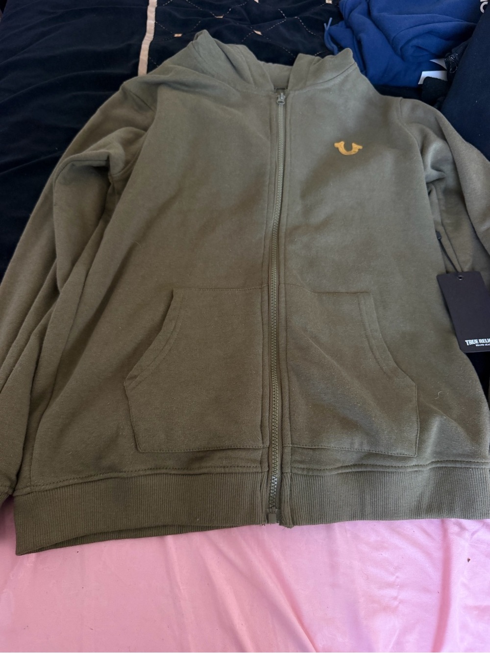 True Religion Olive Green Zip-Up Hoodie with Gold Logo